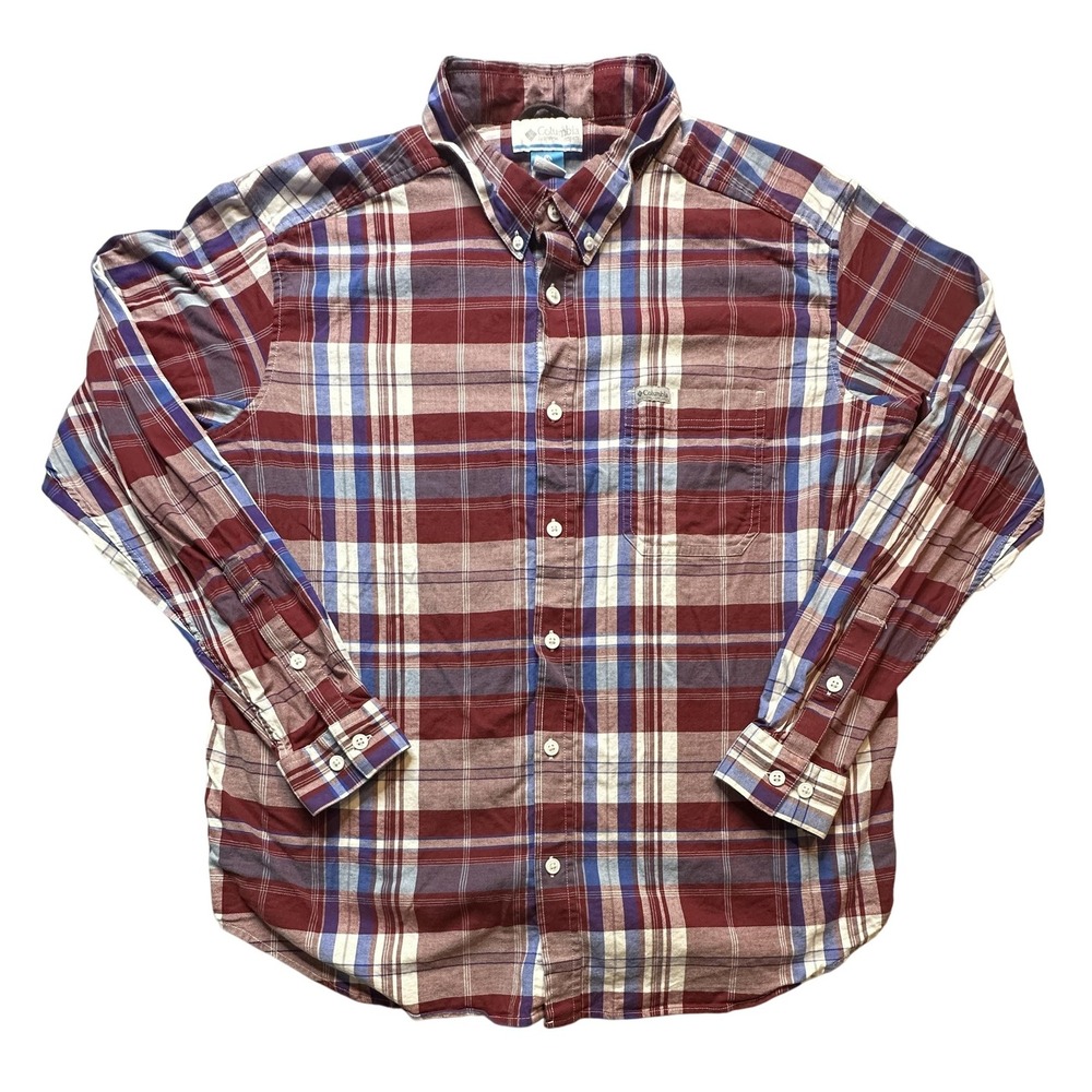Columbia Shirt Mens 3XL Red Blue Plaid Button Front Long Sleeve Stretch Casual
